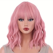 abordables Perruques Synthétiques Sans Bonnet-Perruques synthétiques ondulées longueur épaule avec frange pour femmes, à la mode pour un usage quotidien, cosplay de fête