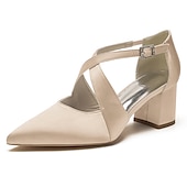 cheap Semi-Formal-Elegant Women&#039;s White Satin Pointed Toe Block Heels – Crisscross Strap Design for Weddings, Formal Parties, and Special Occasions