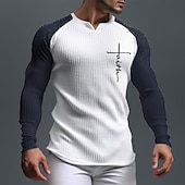 billiga Tro T-shirts-Herr Grafisk Bokstav Tro T-shirt Raglan T-shirt Våffel T-shirt Långärmad T-shirt 3D-tryck V-hals Skjorta Dagligen Klassisk Utomhus Utomhussport Ledigt Utekväll Vit Brun Mörkblå Vår &amp; Höst Kläder S M