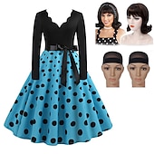 cheap Outfits-Set with Polka Dots Vintage Dress Beehive Curl Hair Wig 2* Wig Caps 4 PCS 1950s Retro Vintage Tea Dress A-Line Dress Rockabilly Flare Dress Women&#039;s Costume Christmas Homecoming