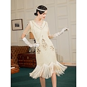 cheap Outfits-Retro Vintage Roaring 20s 1920s Flapper Dress Outfits Accessories Set The Great Gatsby Wedding Guest Sequins Tassel Fringe Sequin Tassel V Neck Women&#039;s Halloween Carnival Masquerade Carnival Party