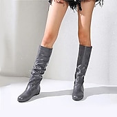 levne Slouch Boots-dámské černé kozačky pod kolena - ležérní kozačky z umělé kůže na plochém podpatku na podzim a zimu
