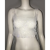 cheap Sexy Costumes-Metallic Sparkle Sexy Crop Tank Top Sheer Mesh Rhinestone Cover Up Disco Solid Color Deep V Women&#039;s Carnival Party Club Adults&#039; Tank Top