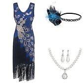 baratos Conjuntos-Retro Vintage Loucos anos 20 Anos 20 Vestido melindroso Roupa Conjunto de acessórios O Grande Gatsby Convidado do casamento Paetês Franjas Lantejoula Franjas Decote V Mulheres Dia Das Bruxas Carnaval