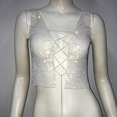cheap Sexy Costumes-Metallic Sparkle Sexy Crop Tank Top Sheer Mesh Rhinestone Cover Up Disco Solid Color Deep V Women&#039;s Carnival Party Club Adults&#039; Tank Top