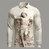 Men's Christian Polo Shirts Golf Shirt Long Sleeve Polo Shirts Collared Shirts Casual Vacation Wear Party Outfits 3D Print Buttons Fall & Winter Khaki3