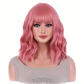 abordables Perruques Synthétiques Sans Bonnet-Perruques synthétiques ondulées longueur épaule avec frange pour femmes, à la mode pour un usage quotidien, cosplay de fête