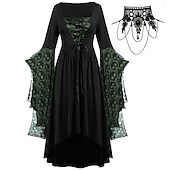 abordables Conjuntos-Conjuntos con vestido medieval con mangas acampanadas de encaje tatuaje gargantilla collar 2 piezas retro vintage punk estilo gótico brujas trajes mujer cosplay disfraz carnaval fiesta casual diario