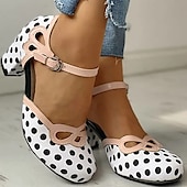 levne Block Heels-dámské puntíkované boty na podpatku mary jane – retro lodičky s kulatou špičkou s páskem ke kotníku pro běžné nošení, večírky a vintage outfity
