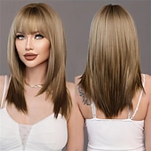 economico Parrucche trendy sintetiche-Parrucche sintetiche bionde ombre marroni con frangia Parrucca per capelli naturali morbidi e lisci a strati per le donne, feste quotidiane, resistente al calore ad alta densità