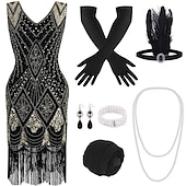 preiswerte 1920er Kleider-Goldene Zwanziger 1920er Knielang Flapper Kleid Outfits Zubehörset Ärmellos Der große Gatsby Hochzeitsgast Pailletten Quastenfransen Pailletten Quaste V Ausschnitt Kostüm Damen Karneval Maskerade
