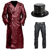 preiswerte Outfits-Set mit PU-Leder-Trenchcoat, gerades Bein, Motorradhose, Zylinder, Hut, Punk, Gothic, mittelalterlich, Steampunk, Pestdoktor, Herren, Reiter, Biker, lässig, täglich, Cosplay, Kostüm, Karneval,