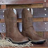 billiga Cowboy &amp; Western Boots-cowboyarbetsstövlar med präglade amerikansk flagga för män - slitstarka bruna västernstövlar i konstläder med robust sula för utomhus- och fritidskläder