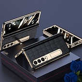 cheap Samsung Cases-Leather Phone Case for Samsung Galaxy Z Fold 5 4 3 Fold4 Fold5 Gold Plating Magnetic Hinge Stand Back Cover with Mirror Film