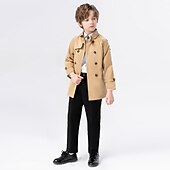 billiga Jackor och rockar för pojkar-Barn Pojkar Trenchcoat Ytterkläder Ensfärgat Långärmad Ficka Täcka Skola Häftig Dagligen Svart 3-delad kostym (jacka + byxor + slips) Kaki 4-delat set (jacka + byxor + skjorta + slips) Svart 2-delat
