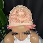 abordables Perruques de qualité supérieure-Perruques courtes de lutin de cheveux humains coupe de lutin perruques ondulées roses courtes perruques de cheveux synthétiques courtes en couches pour les femmes