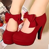 お買い得  プラットフォームヒール-レディースの赤いリボンハイヒールパンプス - パーティー、結婚式、休日の装いにぴったりのヴィンテージスエードプラットフォームシューズ
