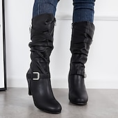 olcso Slouch Boots-lábszárközépig érő női csizma csatos pántokkal és tömbsarokkal, stílusos alkalmi lábbeli őszi és téli ruhákhoz