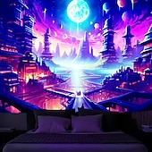 رخيصةأون Tapestries Blacklight-نسيج أسود يتفاعل مع الأشعة فوق البنفسجية ويتوهج في الظلام للحفلات المضيئة النيونية الضبابية المصرية المعمارية معلقة على الحائط لتزيين غرفة المعيشة وغرفة النوم