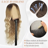 economico Parrucche trendy sintetiche-Parrucca bionda per donna parrucca bionda lunga ondulata in pizzo, parrucca bionda sintetica con parte centrale, parrucche bionde ombre per la festa quotidiana