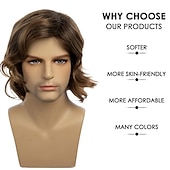 abordables Perruque homme-Perruque marron courte bouclée pour hommes, perruque de remplacement de cheveux synthétiques avec raie latérale pour costume de fête quotidien Halloween