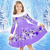 cheap 3D Shining Vision Dress-Girls&#039; 3D Snowflake Dress Long Sleeve 3D Print Fall Winter Sports &amp; Outdoor Daily Holiday Cute Casual Beautiful Kids 3-12 Years Casual Dress Swing Dress A Line Dress Above Knee Polyester Regular Fit