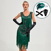olcso Öltözetek-szett csappantyús ruha toll fejpánt kesztyű nyaklánc 4 db üvöltő 20-as évek 1920-as évek koktélruha maszk a nagy gatsby flitterek bojt rojt jelmezek női öltözék karácsonyi parti