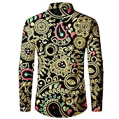 preiswerte Ethnisches Muster-Herren Hemd Knopfhemd Langarm Brautkleider schlicht Boho Freizeitskleidung Ausgehen Herbst Winter Umlegekragen Bedruckt Button-Down Schwarz Dunkelmarine Beige