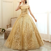 ieftine Rochii de Banchet-Rochii aurii A-Line Rochii cocktail Rochie elegantă Invitată la nuntă Lungime de ceai Fără mâneci Off shoulder Satinat cu pliuri Aplicații rochie să impresionezi