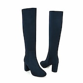 baratos Botas da moda-botas femininas azul marinho até o joelho com salto bloco - elegantes e versáteis para a moda de inverno, perfeitas para uso diário e ocasiões especiais