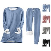 baratos Conjuntos de duas peças-Conjunto de 2 Peças de Calças Quentes Femininas Moda Moleton Calças de Flanela Calças Trousers Manga Longa Decote Redondo Cor Sólida Com Corda Casual Dia-a-Dia Preto Rosa Escuro Azul Outono e Inverno