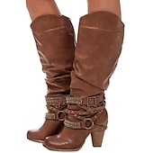 olcso Slouch Boots-női bézs lompos, térdig érő csizma csattal és szegecsekkel, vintage western stílusú őszi és téli alkalmi viselethez