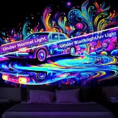 cheap Blacklight Tapestries-Blacklight Tapestry UV Reactive Glow in the Dark Vintage Car Trippy Misty Nature Landscape Hanging Tapestry Wall Art Mural for Living Room Bedroom