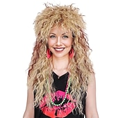 cheap Historical Wigs-ColorGround Long Curly 80s Women Blonde with Reddish Brown Rocker Wig Carnival Wigs