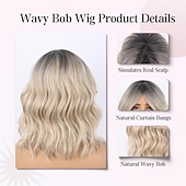 levne starší paruka-platinová blond vlnitá bob paruka s ofinou pro ženy ombre blond kudrnatá bob paruka pro bílé ženy syntetická ombre světle hnědá vlnitá paruka s tmavými kořínky krátká blond kudrnatá bob vlnitá paruka