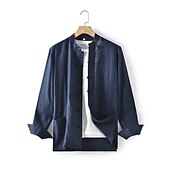levne luxusní lněné košile-100% len Kapsy Pánské Košile plátěná košile Černá Bílá Námořnická modř Dlouhý rukáv Bez vzoru Stojáček Jaro &amp; podzim Venkovní Denní Oblečení