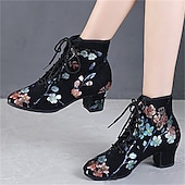 abordables Chaussures de danses latines-chaussures de danse à lacets à fleurs noires pour femmes – talon bas confortable, parfait pour la danse latine, de salon et sociale