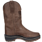billiga Cowboy &amp; Western Boots-cowboyarbetsstövlar med präglade amerikansk flagga för män - slitstarka bruna västernstövlar i konstläder med robust sula för utomhus- och fritidskläder