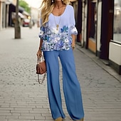 billiga Tvådelade set-Kvinnors 2 Delar Mode Skjorta Byxor Set Vida Byxor Lång Ärmar Rund Hals Blommigt Tryck Casual Daglig Rosa Blå Grön Vår  Höst Reglerad Passform