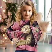 cheap Girl&#039;s 3D Animals-Girls&#039; 3D Plaid Cat Christmas Sweatshirt Sweatshirt Pullover Long Sleeve 3D Print Fall Winter Fashion Streetwear Adorable Kids 3-12 Years 4-13 Years Crew Neck Outdoor Casual Daily Regular Fit