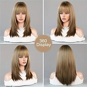 economico Parrucche trendy sintetiche-Parrucche sintetiche bionde ombre marroni con frangia Parrucca per capelli naturali morbidi e lisci a strati per le donne, feste quotidiane, resistente al calore ad alta densità