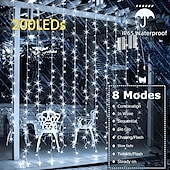 abordables Guirlandes solaires-Guirlande lumineuse de rideau solaire extérieur, 3 * 3 m-300 LED/3 * 2 m-200 LED/3 * 1 m-100 LED, 8 modes d&#039;éclairage, étanche IP65, convient pour le jardin, le porche, les fêtes de mariage dans le jardin, Noël de Thanksgiving.