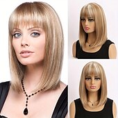 baratos peruca mais velha-peruca bob marrom com franja, curta reta com cabelo loiro com mechas micro cachos, peruca sintética na altura dos ombros, peruca sintética resistente ao calor para mulheres meninas uso diário de 16