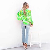 cheap Women&#039;s Graphic Tops-Women&#039;s Shirt Blouse Fashion Buttons Print Long Sleeve Regular Tops Shirt Collar Casual Blue Purple Green Gray Spring &amp;  Fall