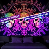 cheap Halloween Wall Tapestries-Halloween Blacklight Tapestry UV Reactive Glow in the Dark Glow Party Neon Skulls Totem Psychedelic Trippy Misty Hanging Tapestry Wall Art Mural for Living Room Bedroom