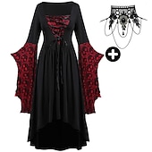 abordables Conjuntos-Conjuntos con vestido medieval con mangas acampanadas de encaje tatuaje gargantilla collar 2 piezas retro vintage punk estilo gótico brujas trajes mujer cosplay disfraz carnaval fiesta casual diario