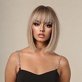 baratos Perucas Sintéticas sem Touca-Prreey bob peruca de cabelo humano feminino peruca loira curta reta 14 polegadas com aba ajustável chá marrom cor natural peruca bob com franja para diariamente (marrom claro)