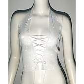 cheap Sexy Costumes-Metallic Sparkle Sexy Crop Tank Top Sheer Mesh Rhinestone Cover Up Disco Solid Color Deep V Women&#039;s Carnival Party Club Adults&#039; Tank Top