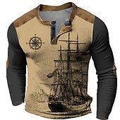 levne Vintage &amp;amp; Retro-Pánské Loď Námořnický Kompas Tričko Henley Waffle Tričko Dlouhý rukáv 3D tisk Designové Retro Na běžné nošení Outdoorové sporty Dovolená Festival Jaro &amp; podzim Světle hnědá Vodní modrá Hnědá Trávov