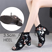 abordables Chaussures de danses latines-chaussures de danse à lacets à fleurs noires pour femmes – talon bas confortable, parfait pour la danse latine, de salon et sociale
